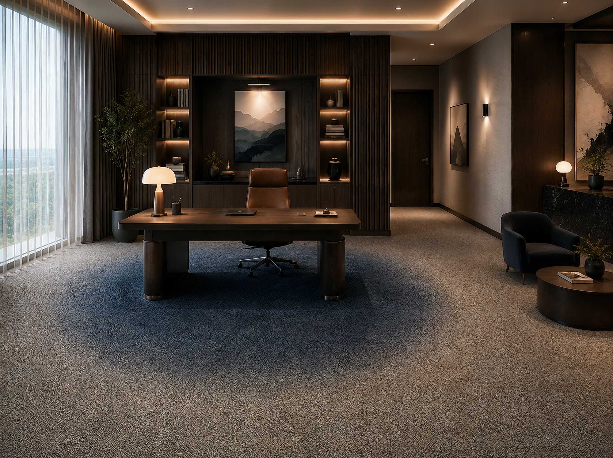 Dunkles Executive-Büro mit blauer Flow-Zone im Bodenbelag